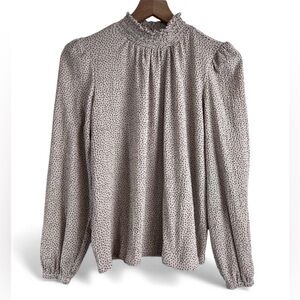 LOFT Women's Smocked Collar Long Sleeve Top Cream/Tan Black Dot Print Size Large